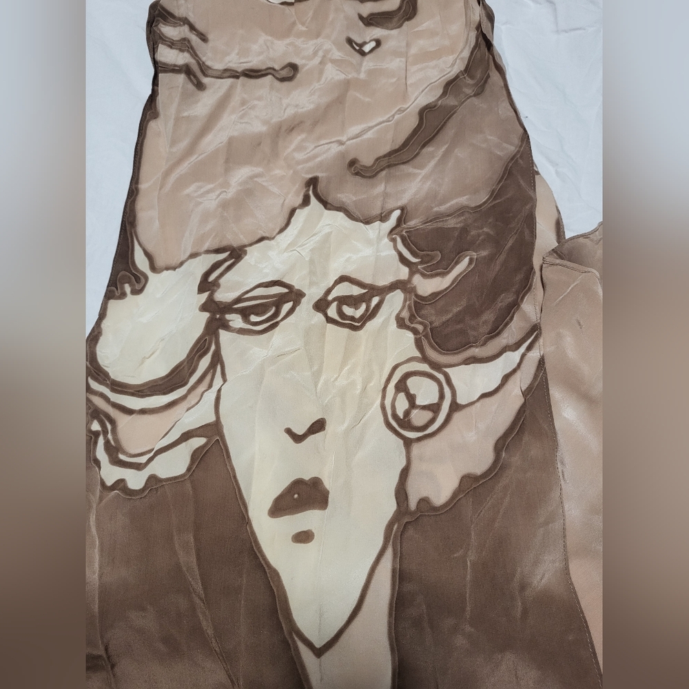 Vtg OOAK Artist Handpainted Brown and Cream Silk Scarf